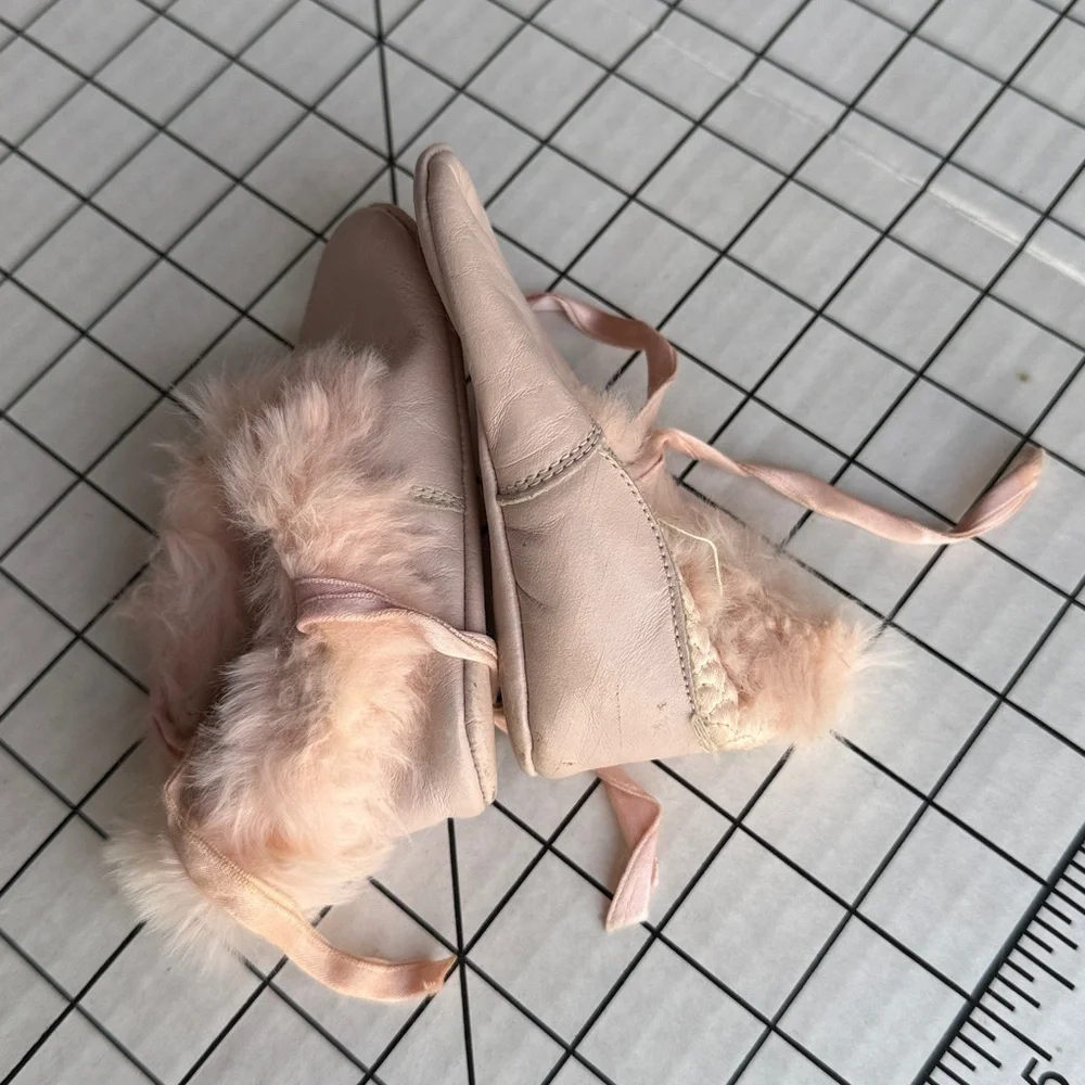 Vintage 1950s Pink Leather Baby Shoes Rabbit Fur Trim Ribbon Ties Prewalker